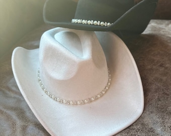 Vegan Suede Cowboy Hat with Pearl and Rhinestone Trim, Bridal Party or Concert Hat for Women, Glam Western Cowgirl Hat, 57cm Adjustable