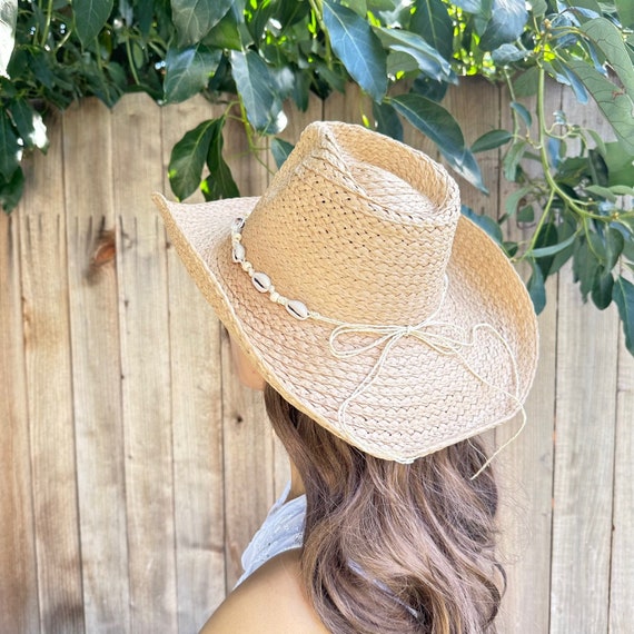 Handwoven Raffia Straw Cowboy Hat with Seashells and Beads - Coastal Beach Hat Handwoven Raffia Cowboy Hat: Sea Shell Bead Belt, UPF 50+  main image 4