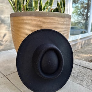 May include: A black felt fedora hat with a wide brim and a slightly indented crown.