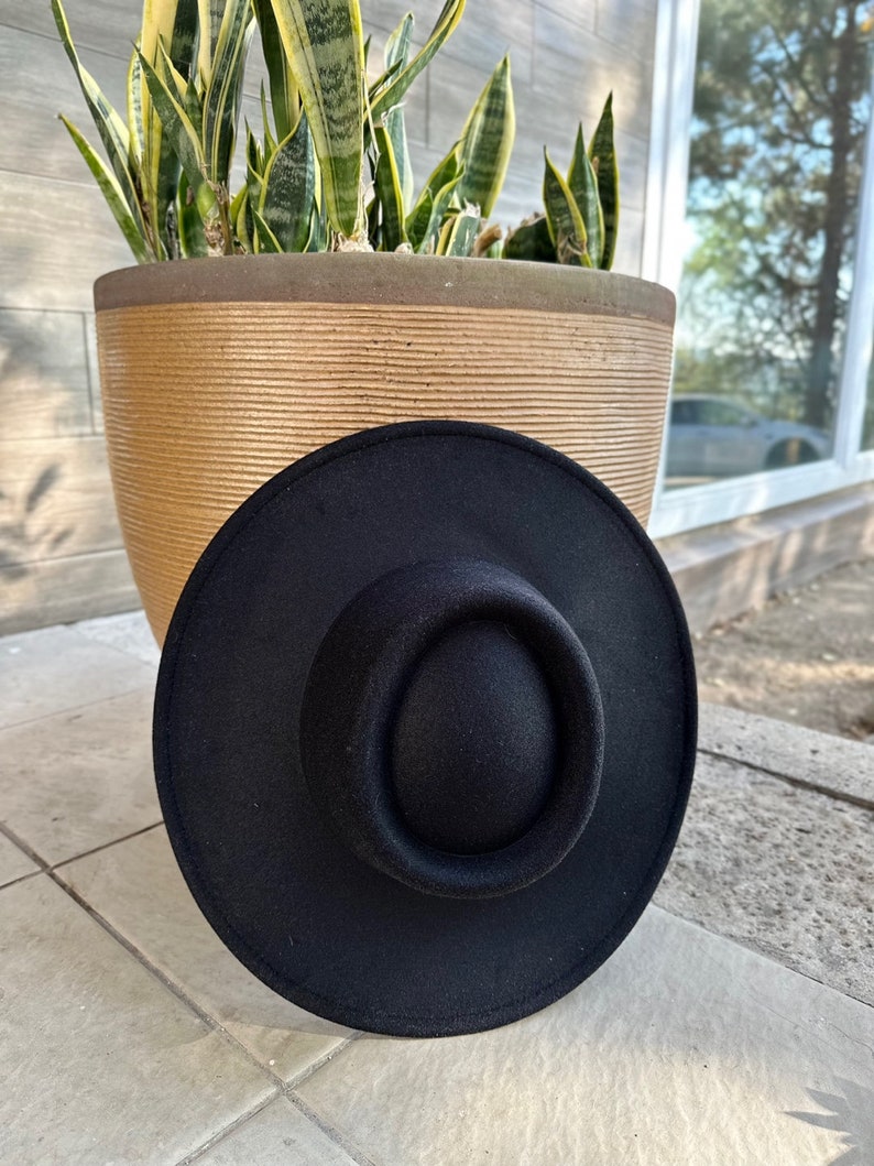 May include: A black felt fedora hat with a wide brim and a slightly indented crown.