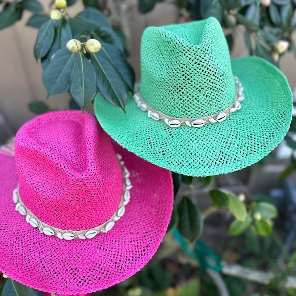 Handwoven toyo straw western Cowboy hat with Sea Shells Casual hat with sea shells bead Belt