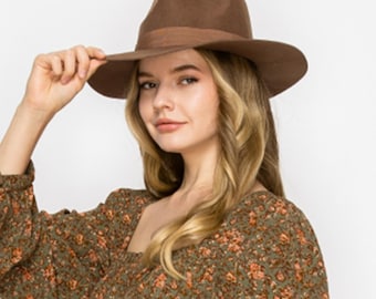 Chapeau fedora en laine à bord large : ruban de velours, boho rancher réglable