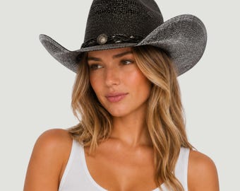 Black Stained Woven Straw Cowboy Hat with Shapeable Brim