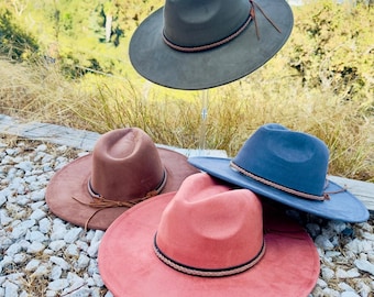 Vegan Suede Panama Hat: Flat Brim Rancher Style