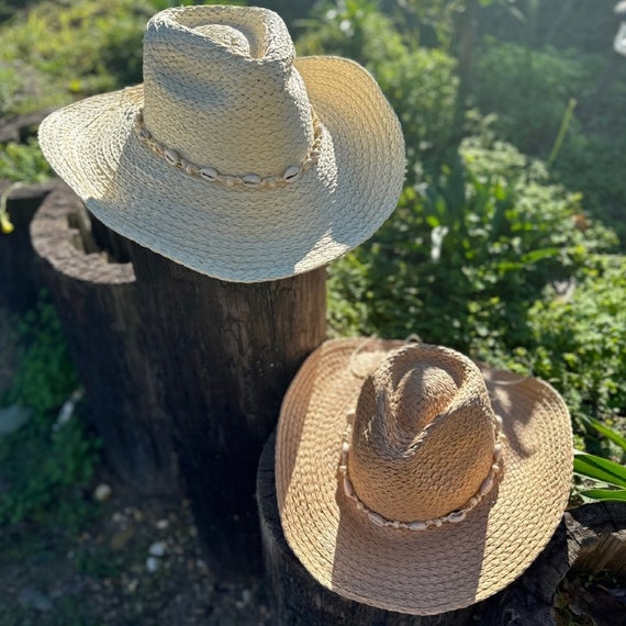 Handwoven Raffia Cowboy Hat: Sea Shell Bead Belt, UPF 50+ 
