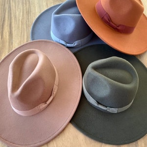 Premium Quality! Best Seller! Vegan felt fedora hat Wide, stiff, flat brim, Ribbon, Stylish hat, wedding, everyday hat