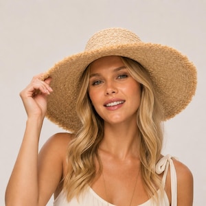 Handwoven Raffia Sun Hat: Floppy Fringe Brim, UPF 50+, Adjustable