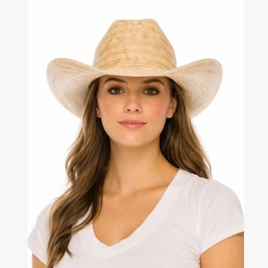 Natural Palm Leaf Straw Cowboy Hat | Wide Brim Western Sun Hat | Handmade Style Summer Straw Hat for Women