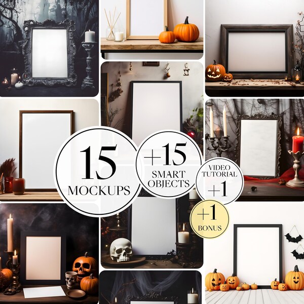 15 Halloween Frame Mockup Bundle, Halloween Bundle Mockup, PSD Wall Mockup, Artwork Wall Mockup, One Frame Mockup