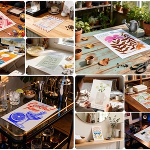 May include: A collection of decorative art prints and placemats. The prints feature floral designs, cocktail illustrations, and inspirational quotes. The placemats include a puzzle, a coffee-themed design, and a chef's checklist. The color palette includes blue, pink, and orange.
