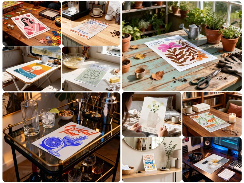May include: A collection of decorative art prints and placemats. The prints feature floral designs, cocktail illustrations, and inspirational quotes. The placemats include a puzzle, a coffee-themed design, and a chef's checklist. The color palette includes blue, pink, and orange.