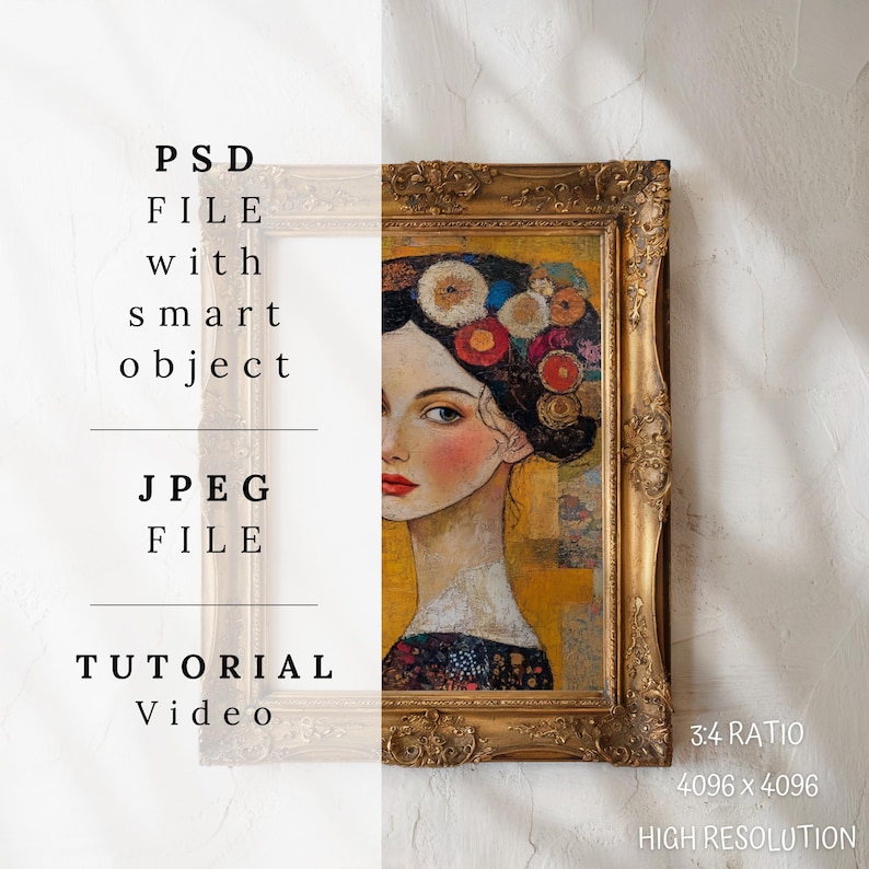 May include: A digital painting of a woman with a colorful floral crown, framed in a gold frame. The image is high resolution and has a 3:4 ratio, measuring 4096 x 4096 pixels.