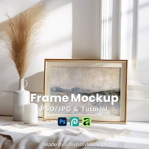 Maqueta de marco horizontal 7:5 / Capa de objeto inteligente PSD / Marco con paspartú dorado y hierba de la Pampa / Plantilla de arte mural minimalista boho para paisajes / JPG