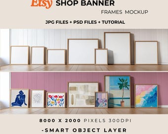 Maquette de bannière de boutique - modèle PSD de 7 cadres, maquette d'art mural vintage en bois et lumière naturelle pour les boutiques Etsy, vitrine imprimée, fichiers PSD