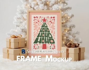 Christmas Frame Mockup 5:7 Ratio with Gifts and White Tree — Holiday Scene with Cozy Lights, (JPG Digital Download PSD With Smart Object)