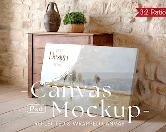 Horizontal Canvas Mockup PSD - Rustic 3:2 Wall Art Scene with Natural Light - Framed Canvas Template for Art Prints - Instant Download