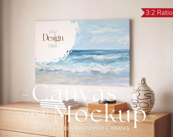 Horizontal Canvas Mockup for Wall Art - PSD Template for Framed Canvas Prints - 3:2 Minimal Mockup for Living Room - Smart Object PSD