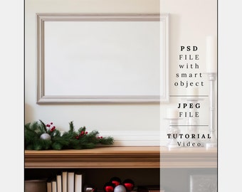 Kerstframe mockup, horizontaal frame Psd, close-up mockup, landschapskunst print mockup, horizontaal frame mockup