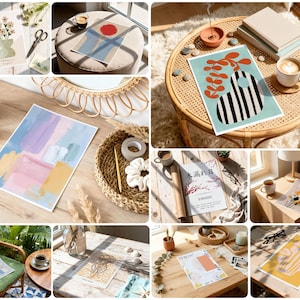 May include: A collection of art prints featuring various designs. One print displays a vase with flowers, another showcases an abstract design with brushstrokes, and others feature minimalist illustrations. The prints are displayed on tables and chairs.
