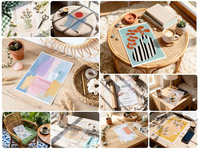 May include: A collection of art prints featuring various designs. One print displays a vase with flowers, another showcases an abstract design with brushstrokes, and others feature minimalist illustrations. The prints are displayed on tables and chairs.