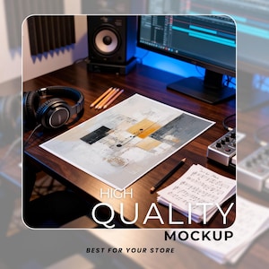 May include: A workspace with a computer monitor, headphones, and audio equipment. A print with abstract art in gray, black, and orange tones is on the desk. The text "HIGH QUALITY MOCKUP BEST FOR YOUR STORE" is displayed.