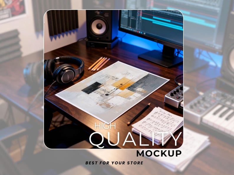 May include: A workspace with a computer monitor, headphones, and audio equipment. A print with abstract art in gray, black, and orange tones is on the desk. The text "HIGH QUALITY MOCKUP BEST FOR YOUR STORE" is displayed.