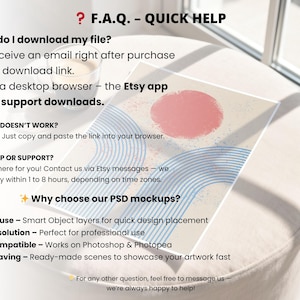 May include: A clear acrylic mockup with a pink circle and blue arch design. Text on the mockup includes "F.A.Q. - QUICK HELP" and instructions on downloading files and contacting support. The mockup is on a white surface.
