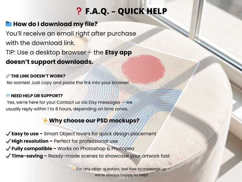 May include: A clear acrylic mockup with a pink circle and blue arch design. Text on the mockup includes "F.A.Q. - QUICK HELP" and instructions on downloading files and contacting support. The mockup is on a white surface.