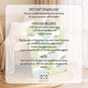 May include: A digital mockup with text that reads "INSTANT DOWNLOAD" and "PURCHASE INCLUDES". The mockup includes a PSD file, a JPG file, and a video tutorial. The file works in Photoshop. The image also includes a link to an online application.