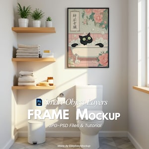 Bathroom Frame Mockup | 2:3 Ratio Poster Mockup PSD JPG | Wall Art Mockup Above Toilet with Towels & Plants, Digital Download