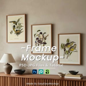 May include: Three framed bird prints with wooden frames hang on a neutral wall. The prints feature detailed illustrations of various birds in their natural habitats. A lamp, bowls, and books sit on a wooden cabinet below the artwork. The text "-Frame Mockup-" is displayed.