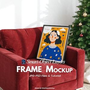 May include: A framed art print featuring a woman's portrait with a yellow background, blue sweater, and white floral accents. The frame is black, and the artwork rests on a red velvet armchair. The image includes the text "FRAME MOCKUP".