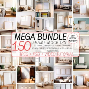 Lot de 150 maquettes PSD | Présentoir d'affiches d'art mural | Intérieur minimaliste bohème | Modèle Photoshop d'objet intelligent | Téléchargement numérique