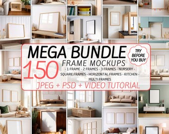 Paquete de 150 maquetas de marcos PSD / Exhibición de pósteres de arte mural / Interior minimalista bohemio / Plantilla de Photoshop de objetos inteligentes / Descarga digital