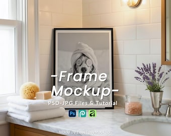 Bathroom Frame Mockup 5x7 Spa Interior Decor, Black Frame on Marble Vanity, Lavender & Soap Props, Toilet Wall Art Display, PSD Smart Object