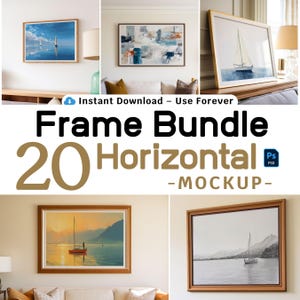 20 Horizontal Frame Mockups - PSD Landscape Frame Bundle for Wall Art & Posters - Wood Frame Mockup - Smart Object PSD - Photopea Ready