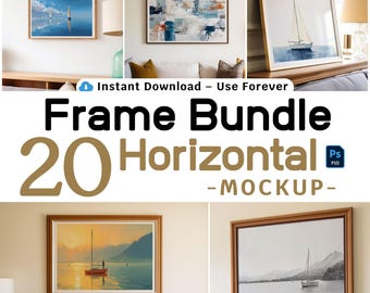 20 Horizontal Frame Mockups - PSD Landscape Frame Bundle for Wall Art & Posters - Wood Frame Mockup - Smart Object PSD - Photopea Ready
