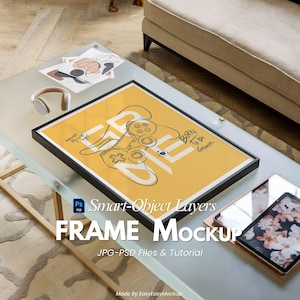 Frame Mockup 3x4 On Glass Table | Black Modern Desk Print | Creative Office Wall Art | Editable PSD Poster Scene | Smart Object & JPG FIles