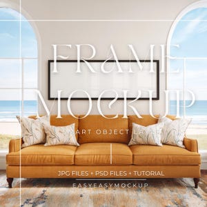 May include: A living room scene featuring a mustard-colored sofa with decorative pillows and a framed rectangular mockup. The frame is black, and the pillows have a white and green leaf pattern. The text "FRAME MOCKUP" is overlaid on the image.