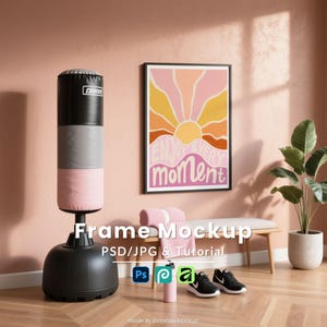 2x3 Black Frame Mockup PSD, Home Gym Wall Art Fitness Display, Pink Punching Bag Motivational Poster, Workout Room, Instant Digital Download