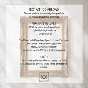 May include: A digital download product listing for a gold ornate picture frame mockup. The listing includes a PSD file with a smart object layer, a JPG file, and a video tutorial. The text "INSTANT DOWNLOAD" and "PURCHASE INCLUDES" is visible in the image.