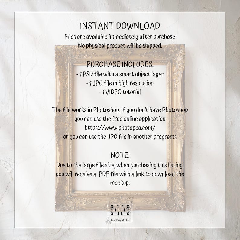 May include: A digital download product listing for a gold ornate picture frame mockup. The listing includes a PSD file with a smart object layer, a JPG file, and a video tutorial. The text "INSTANT DOWNLOAD" and "PURCHASE INCLUDES" is visible in the image.