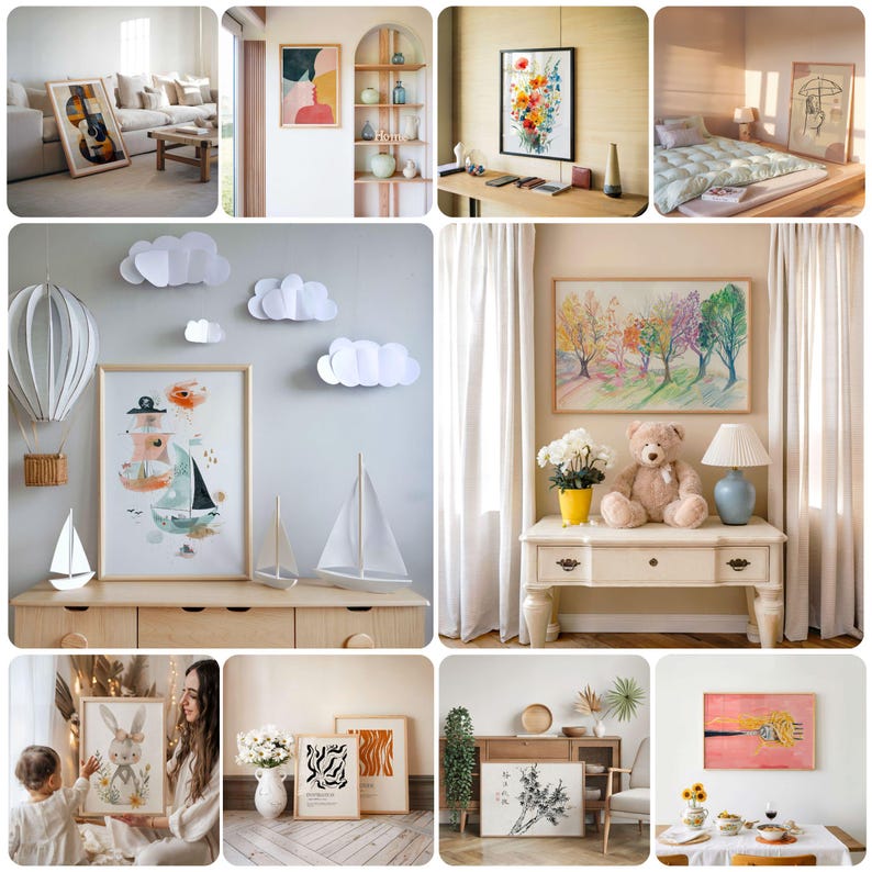 May include: A collage of images showcasing a variety of wall art prints, including abstract art, floral designs, and a whimsical illustration of a boat with clouds. The prints are displayed in different rooms with varying decor styles.