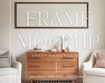 Panoramic Wood Frame Mockup PSD 3:1, Horizontal Frame Psd, Landscape Art print mockup, Horizontal Frame Mockup, Landscape Modern Mock Up