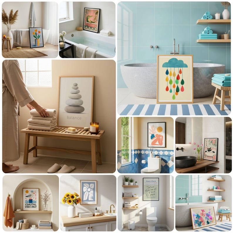 May include: A collage of framed art prints and bathroom decor. The prints feature floral designs, abstract shapes, and inspirational themes. The color palette includes blues, yellows, and neutral tones, creating a calming and stylish aesthetic.