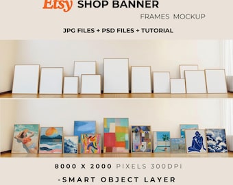 Shop Banner Mockup - 12 Frame PSD Template, Vintage Wood & Natural Light Wall Art Mockup for Etsy Shops, Print Showcase, PSD Files