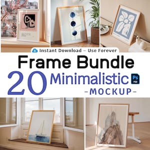 Minimal Frame Mockup Bundle – 20 PSD Mockups | Aesthetic Wall Art Mockup Set | Light Wood Frames | Photopea & Photoshop Templates