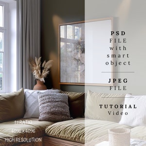 May include: A living room interior design mockup with a beige sectional sofa, two throw pillows, a vase with dried pampas grass, a framed print, and a wicker basket on a coffee table. The text "1:1 RATIO 4096 x 4096 HIGH RESOLUTION" is at the bottom left corner of the image. The text "PSD FILE with smart object JPEG FILE TUTORIAL Video" is on the right side of the image.