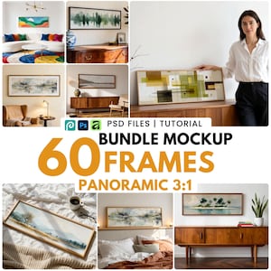Pode incluir: Uma coleção de impressões de arte emolduradas em vários estilos, incluindo designs abstratos e paisagísticos. A imagem mostra um mockup de pacote com 60 molduras em uma proporção panorâmica 3:1, ideal para decoração.