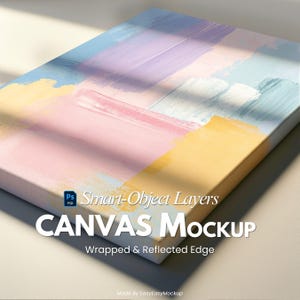 以下が含まれることがあります： パステルカラーの抽象画が描かれたキャンバスモックアップ。ピンク、イエロー、ブルー、パープルの筆致が特徴です。「CANVAS Mockup」の文字が大きな白い文字で表示され、その下に「Wrapped & Reflected Edge」と書かれています。